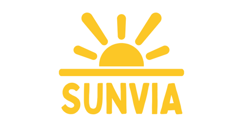 Yellow 'SUNVIA' logo with sun design on a white background