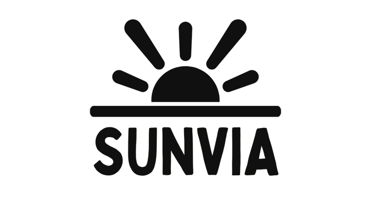 Black 'SUNVIA' logo with sun design on a white background